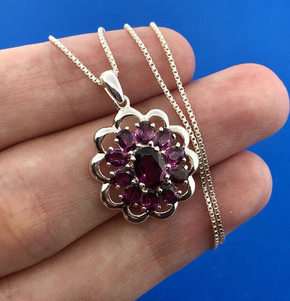 Designer Sterling Silver 925 Purple Cubic Zirconia CZ Flower Cluster Necklace