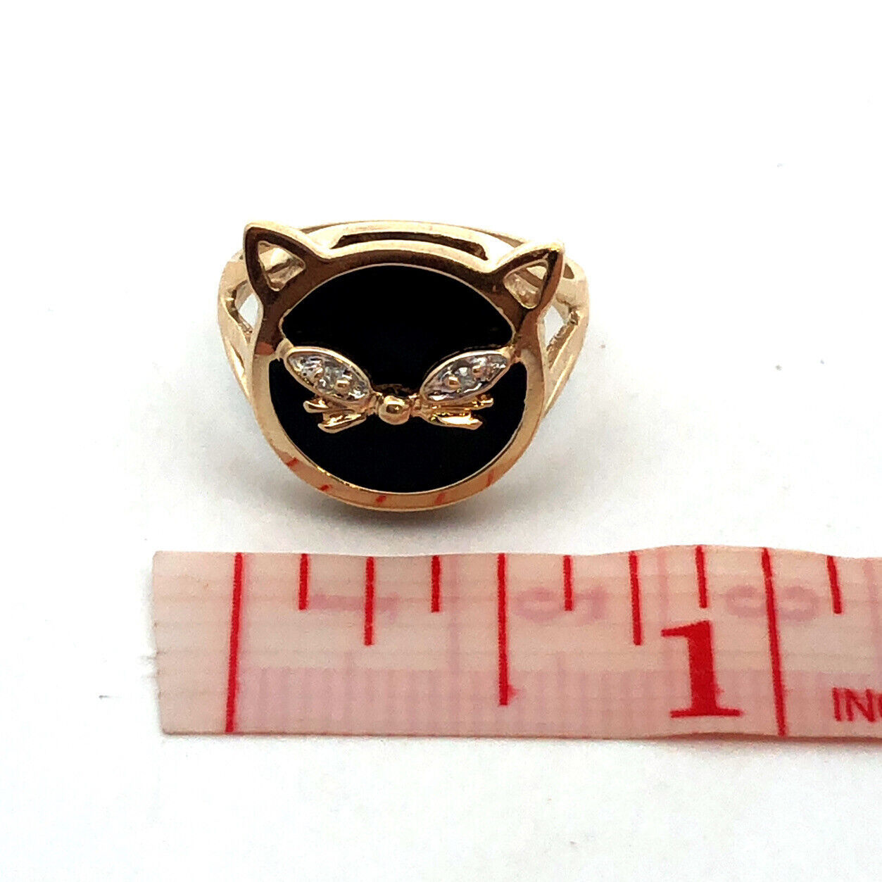 Designer 10K Yellow Gold Round Black Onyx White Topaz Cat Pet Ring