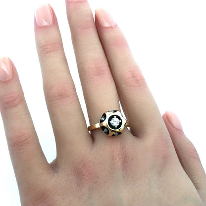 14K Yellow Gold Designer NW  Round Diamond Black Enamel Modernist Round Ring