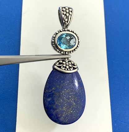 AF Sterling Silver Lapis-Lazuli Blue Cubic Zirconia Balinese Style Drop Pendant