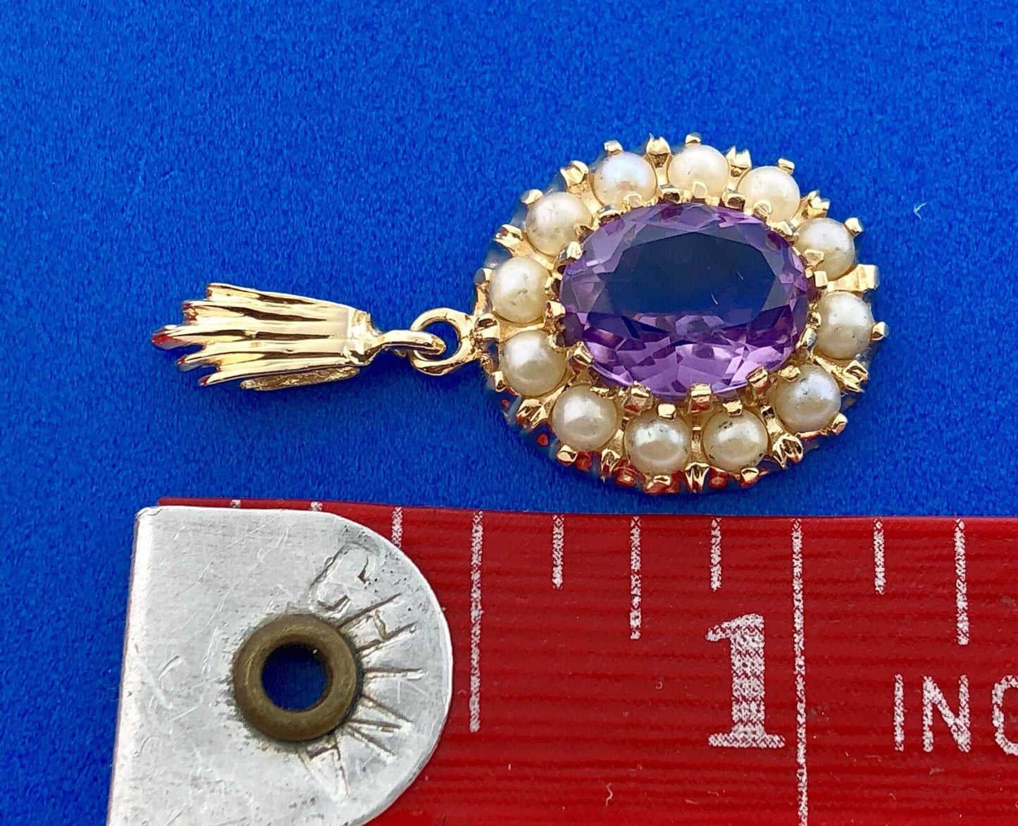 Victorian 14K Yellow Gold Amethyst Seed Pearl Halo February Anniversary Pendant