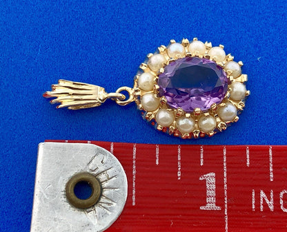 Victorian 14K Yellow Gold Amethyst Seed Pearl Halo February Anniversary Pendant