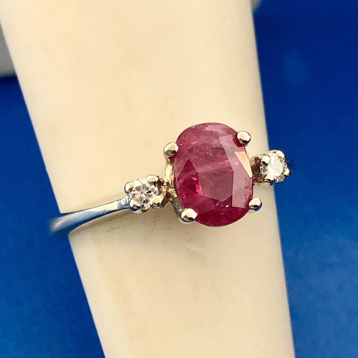 Vintage 14K White Gold Oval Ruby Solitaire Diamond Accent July Anniversary Ring