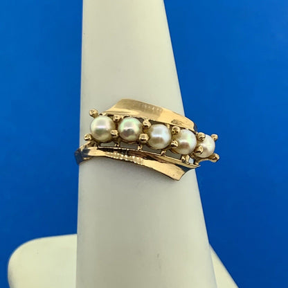 10K Yellow Gold Five Pearl Modernist Bypass Ring