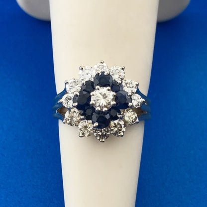 Gorgeous 14k White Gold Round Diamond Sapphire Towering Cluster Ring Size 2.75