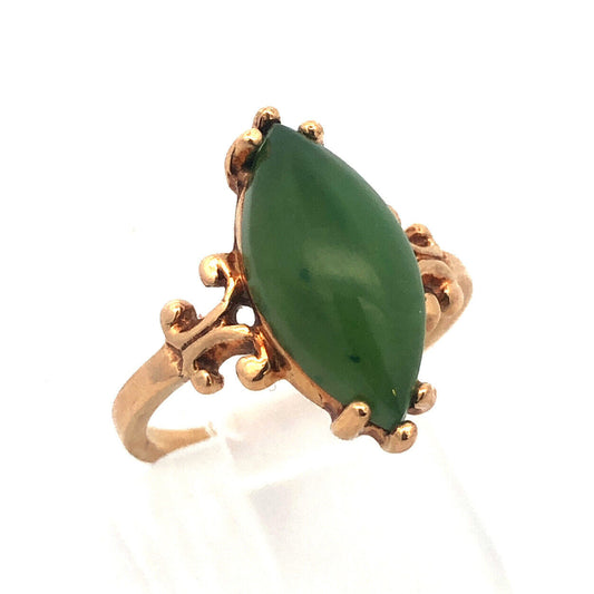 Retro Designer 14K Yellow Gold Solitaire Marquise Jade Jadeite Cabochon Ring