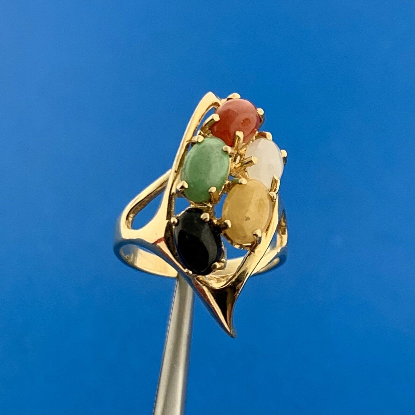 Vintage 14K Yellow Gold Multi Gemstone Modernist Twist Cocktail Finger Ring