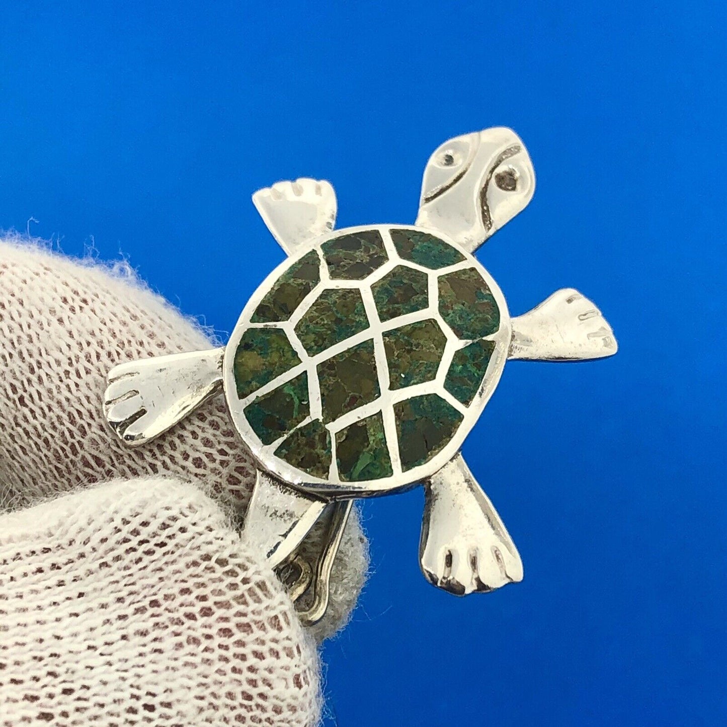 Taxco Mexico Designer Miguel Melendez Sterling Silver 925 Malachite Turtle Pin