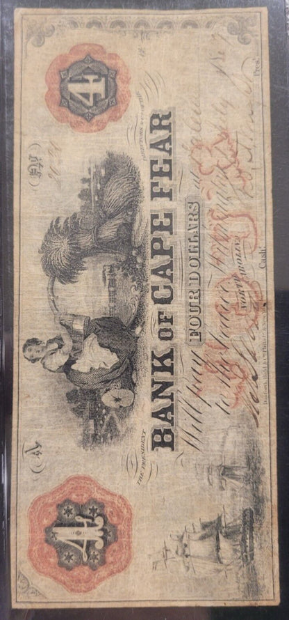 1859 $4 PMG VF20 Bank of Cape Fear, Salem, North Carolina Obsolete Bank Note