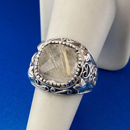 Lovely Sterling Silver 925 Floral Printed Reticulated Quartz Dome Ring Size 7