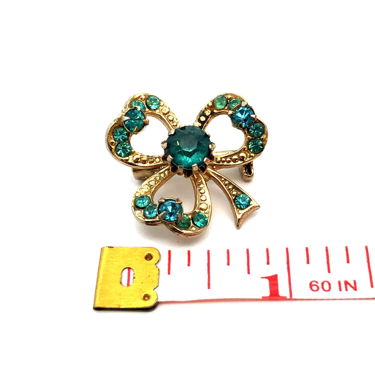 Mid Century CORO Gold Tone Aqua Rhinestone Good Luck 3 Leaf Clover Lapel Brooch