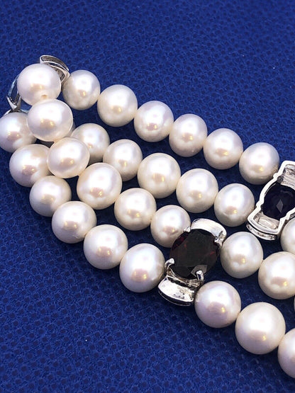 Vintage 925 Sterling Silver Blue Topaz Amethyst Garnet Pearl Beaded Bracelet