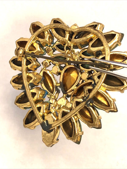 Vintage West Germany Blue Rhinestone Gold Tone Statement Earrings & Brooch Set