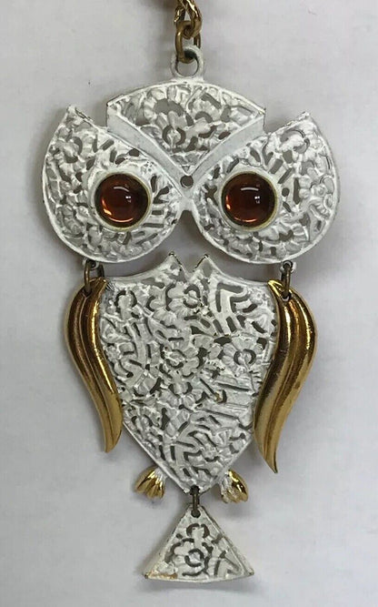 Park Lane Amber Eyes White Enamel Filigree 3D Owl Gold Tone Statement Necklace