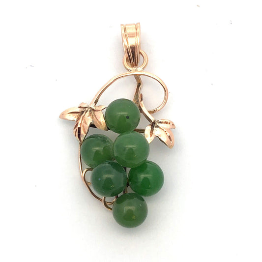 Vintage 14K Yellow Gold Round Green Jade Grape Bunch Vine Pendant