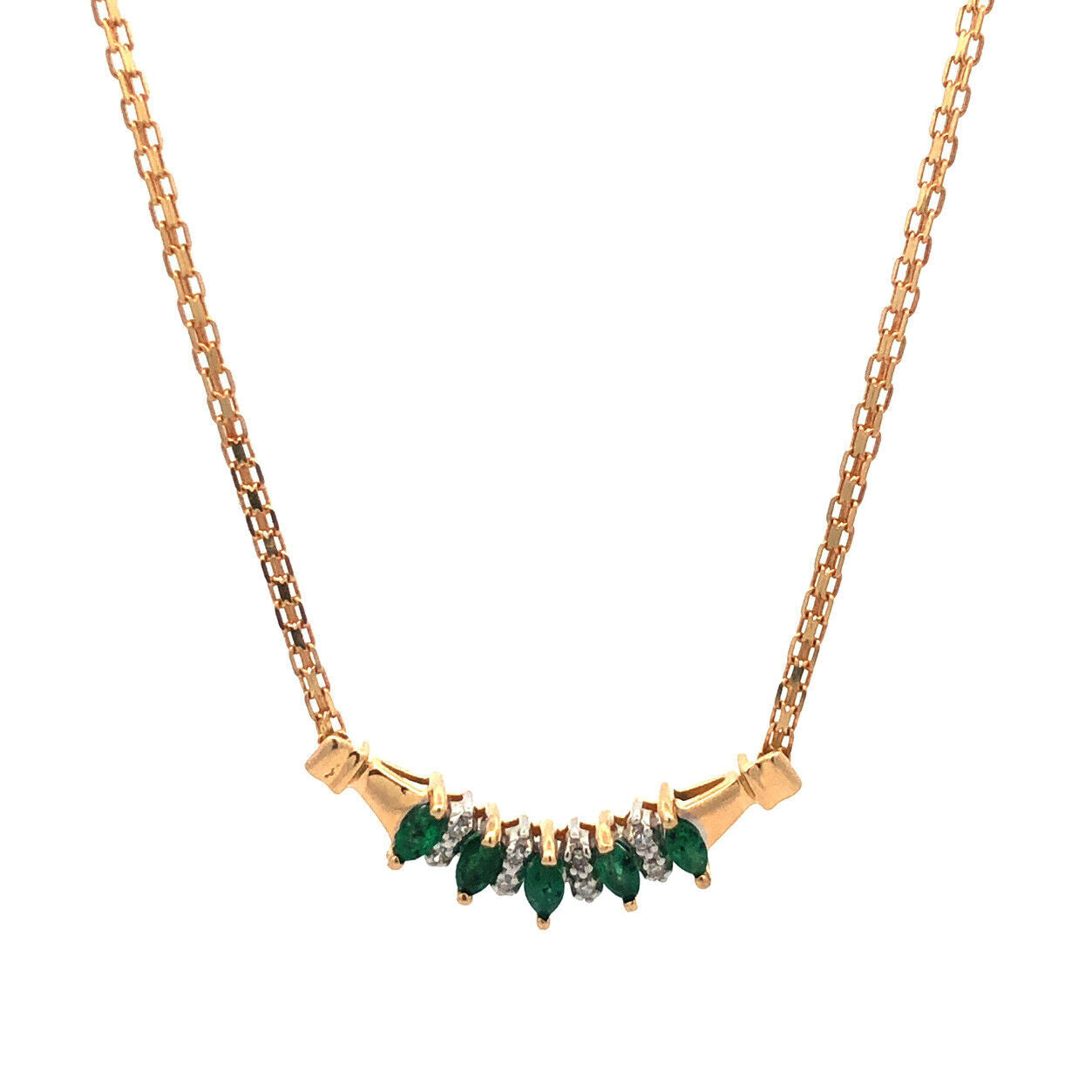 Designer 14K Yellow Gold Marquise Emerald Round Diamond Anniversary Necklace