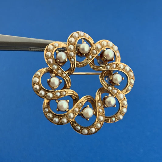Designer 14K Yellow Gold Seed Pearl Floral Wreath Diverse Pendant Or Brooch