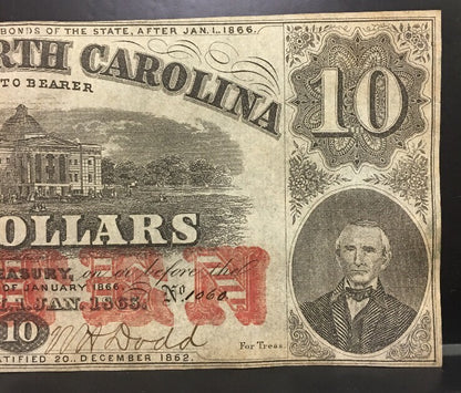 1863 $10 The State of North Carolina Note Civil War Era Possible Inking Error AU