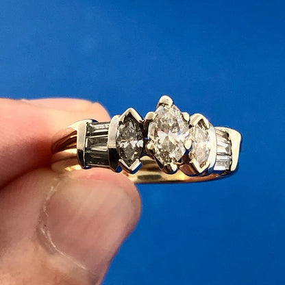 Vintage 14K Yellow White Gold Marquis Diamond Trio Accents Engagement Ring