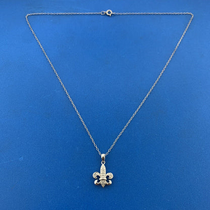 Designer 925 Sterling Silver Diamond Fleur De Lis Charm Pendant Necklace