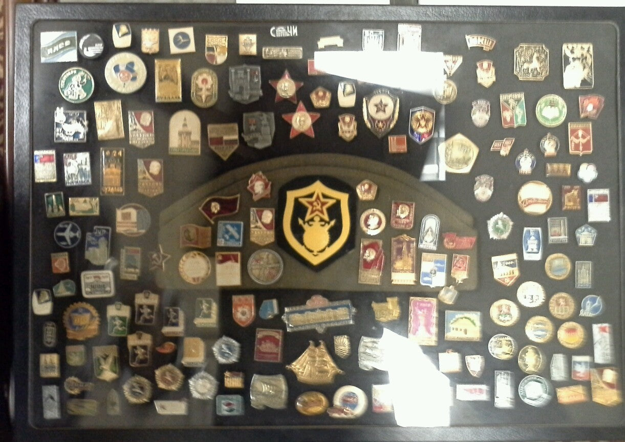 VINTAGE SOVIET UNION USSR RUSSIAN PIN COLLECTION WITH RUSSIAN MILITARY CAP