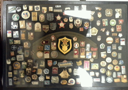 VINTAGE SOVIET UNION USSR RUSSIAN PIN COLLECTION WITH RUSSIAN MILITARY CAP