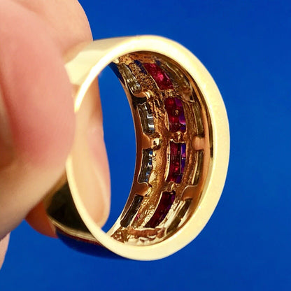 Vintage SRT 14K Yellow White Gold Diamond Ruby Channel Set Tapered Band Ring