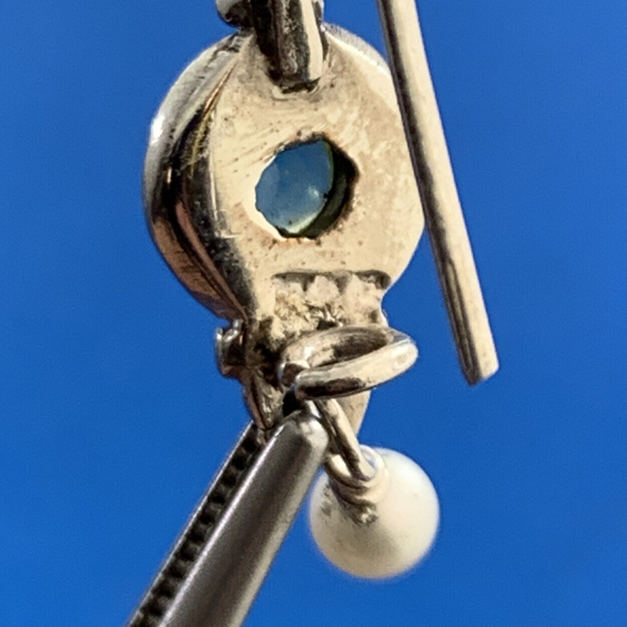 Estate 925 Sterling Silver Peridot Cabochon Pearl Balinese Dangle Drop Earrings