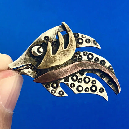 Artisan 925 Sterling Silver Brass Copper Textured Modernist Angel Fish Earrings