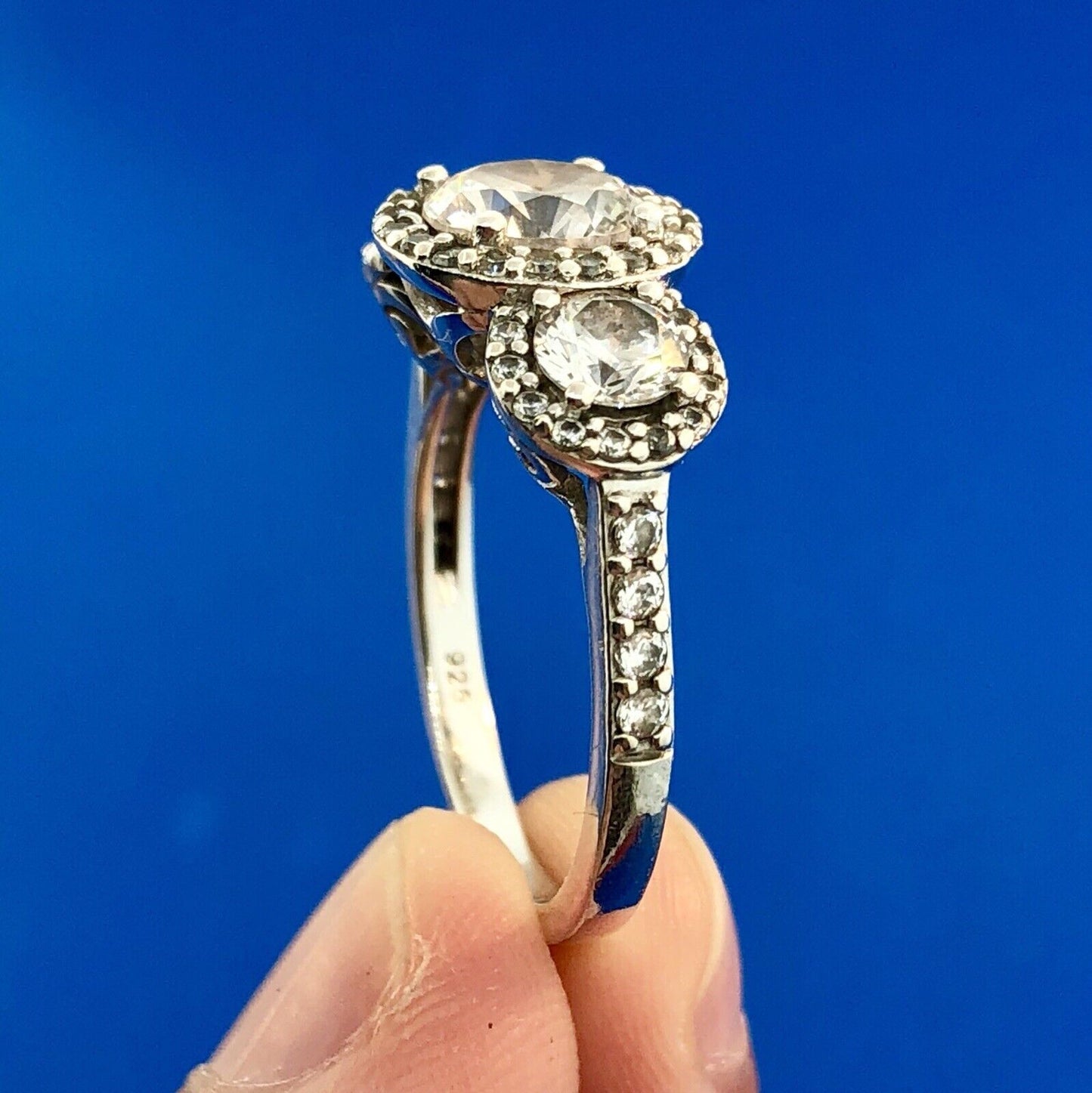 Designer 925 Sterling Silver Cubic Zirconia CZ Trio Halo Engagement Promise Ring