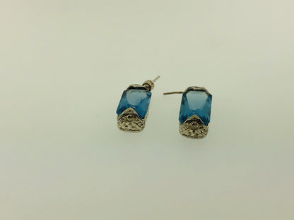 Sterling Silver Rectangle Blue Topaz Bead Scroll Work Statement Drop Earrings