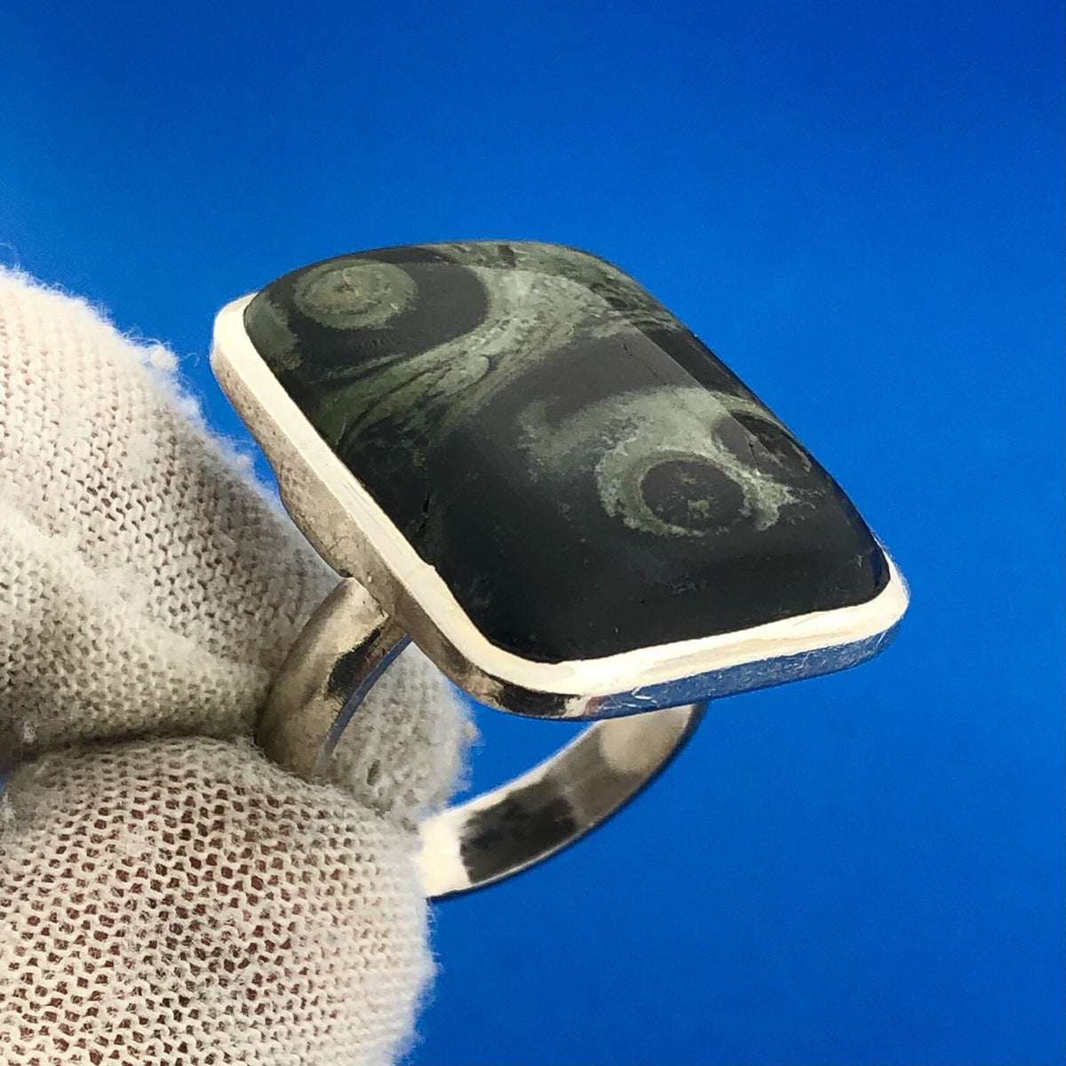 Modernist Sterling Silver Kambaba/Crocodile Eye Jasper Rectangle Statement Ring