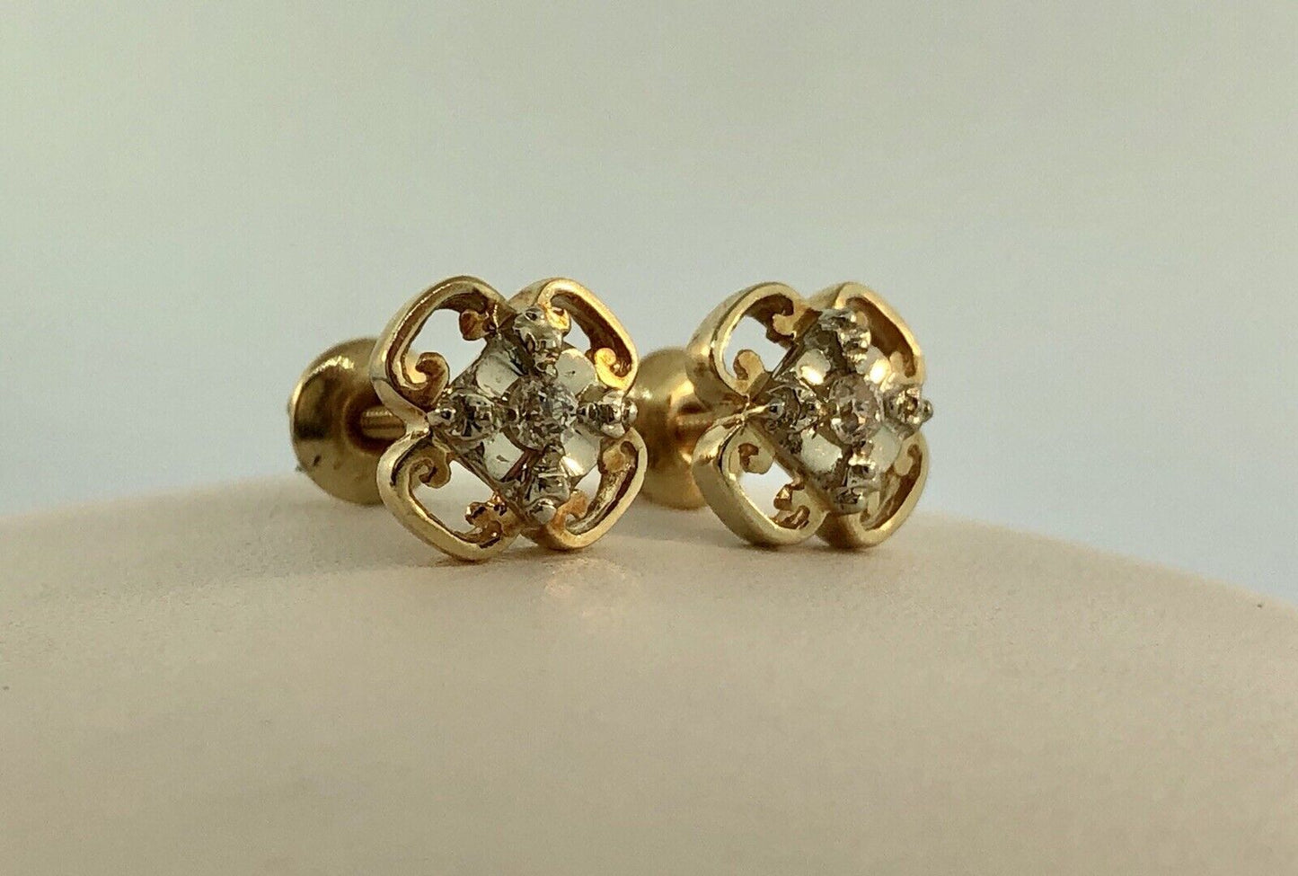 Art Deco 14K Yellow White Gold Diamond Quatrefoil Screw Back Stud Earrings