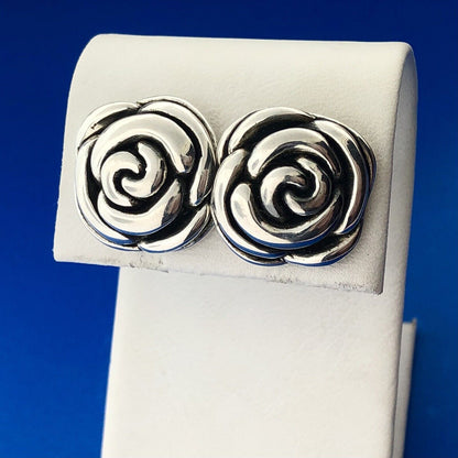Retro Sterling Silver Rose Bud Camellia Flower Floral Statement Stud Earrings