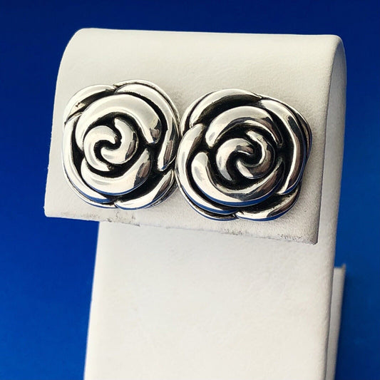Retro Sterling Silver Rose Bud Camellia Flower Floral Statement Stud Earrings