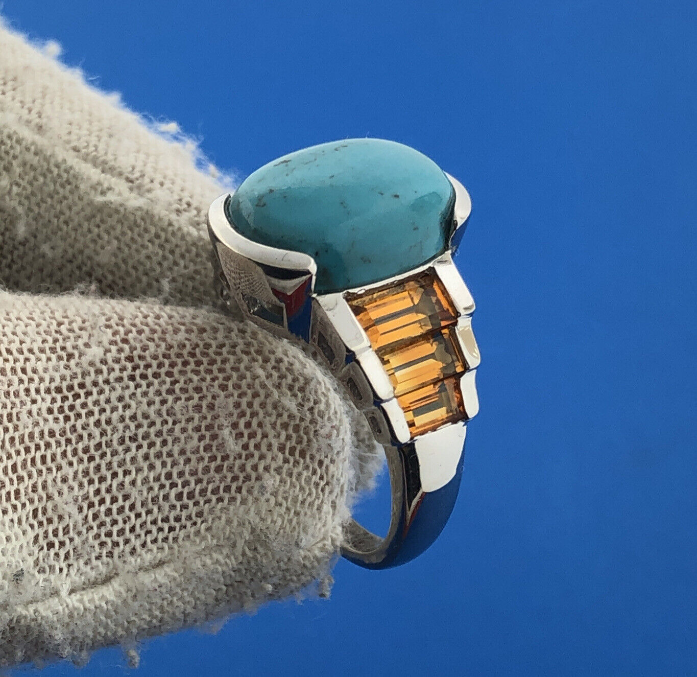 Stunning Sterling Silver 925 Oval Turquoise Cut Baguette Citrine Ring Size 6