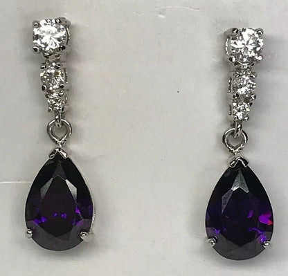 Designer Sterling Silver 925 Purple White Cubic Zirconia Statement Drop Earrings