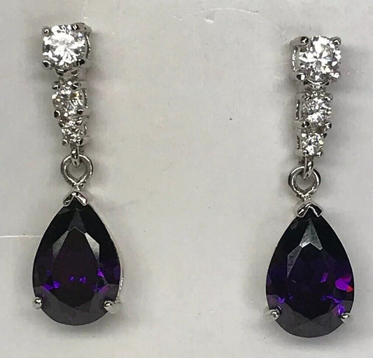 Designer Sterling Silver 925 Purple White Cubic Zirconia Statement Drop Earrings
