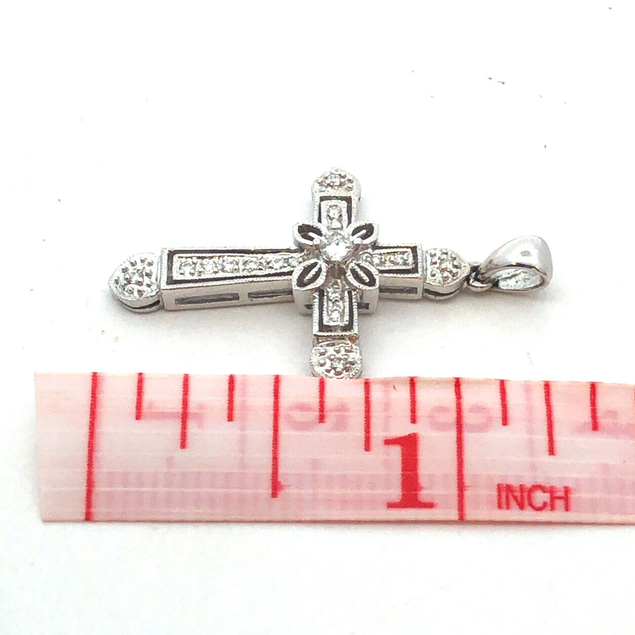Designer 14K White Gold Diamond Encrusted Floral Religious Cross Pendant