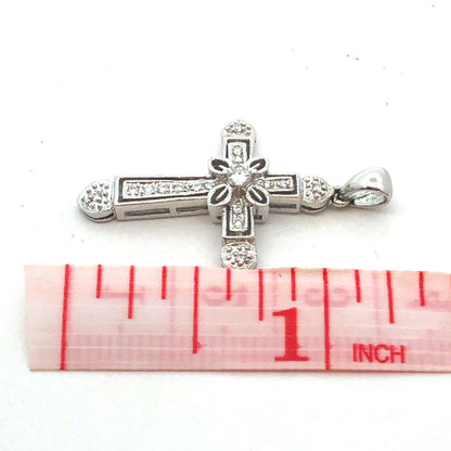 Designer 14K White Gold Diamond Encrusted Floral Religious Cross Pendant