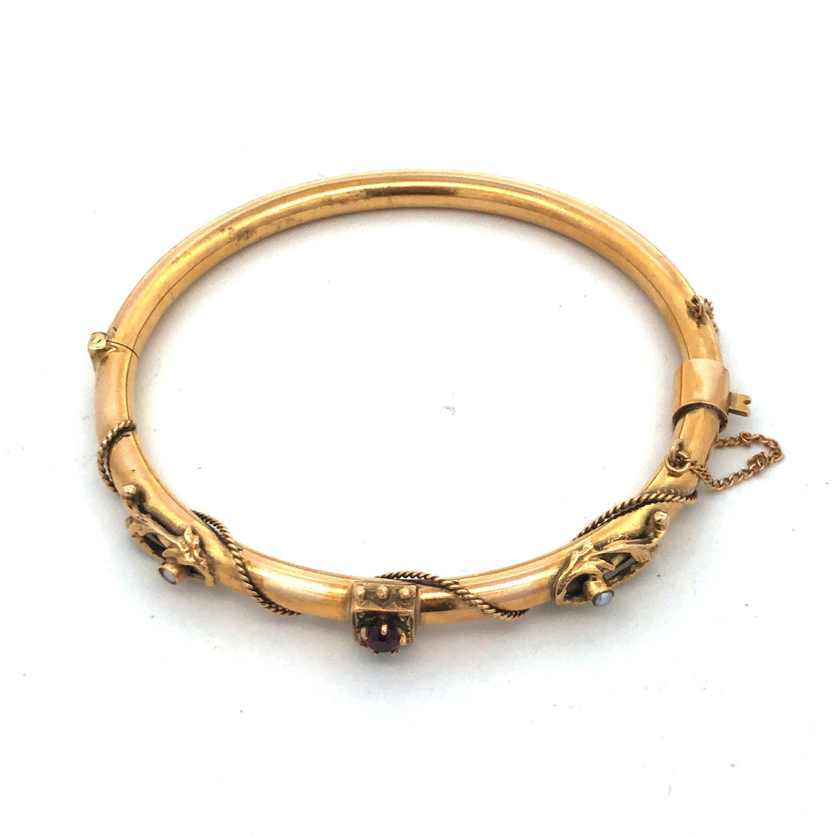 Art Nouveau Art Deco 14K Yellow Gold Garnet Seed Pearl Etruscan Bangle Bracelet