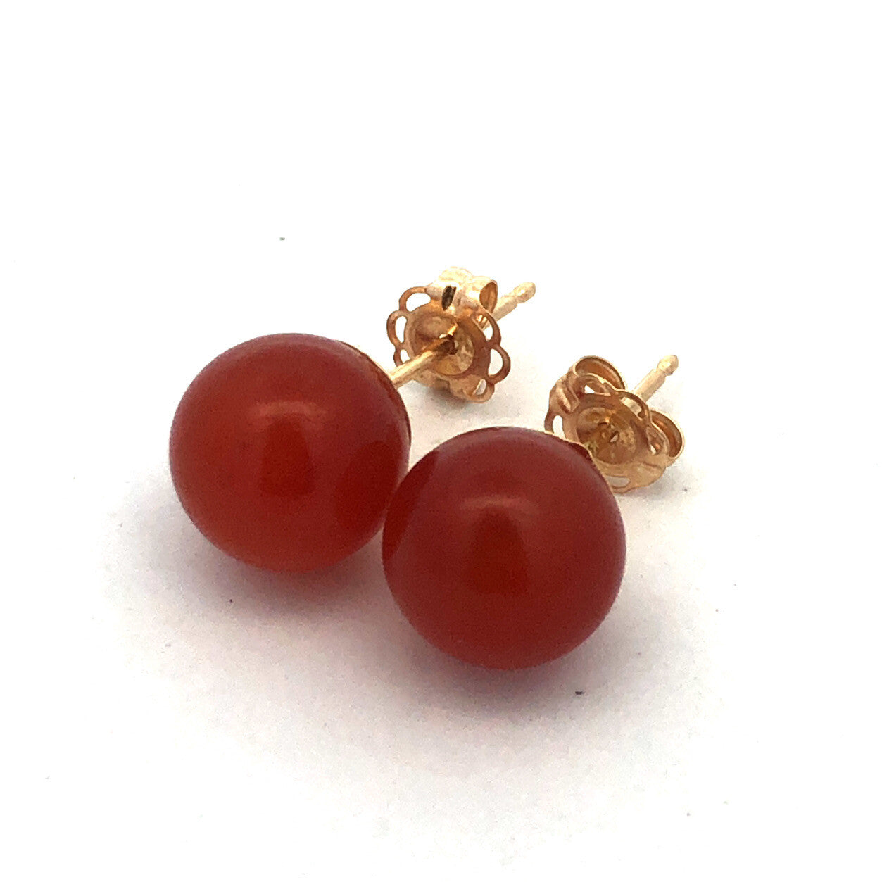 Gorgeous 14k Yellow Gold Carnelian Sphere Bead Stud Earrings w/ Friction Backs
