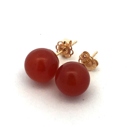 Gorgeous 14k Yellow Gold Carnelian Sphere Bead Stud Earrings w/ Friction Backs