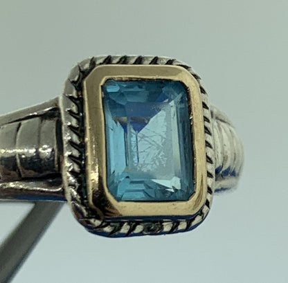 Silpada 14K Yellow Gold 925 Sterling Silver Emerald Cut Blue Topaz Cocktail Ring
