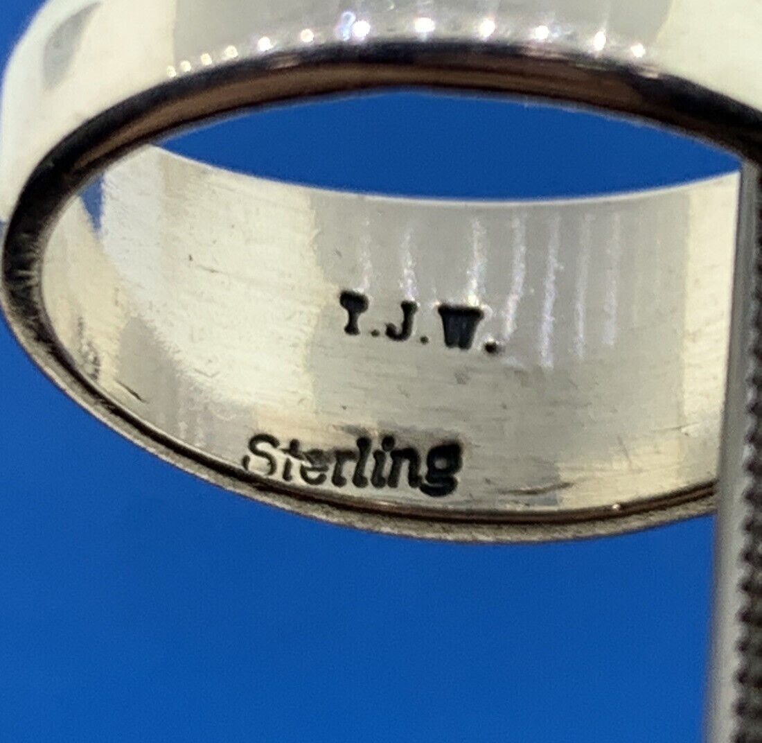 Native American T.J.W. Sterling Silver 925 Turquoise Coral Inlay Band Ring