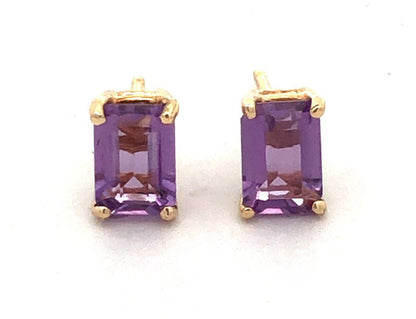14K Yellow Gold Emerald Cut Purple Amethyst Solitaire Stud Earrings