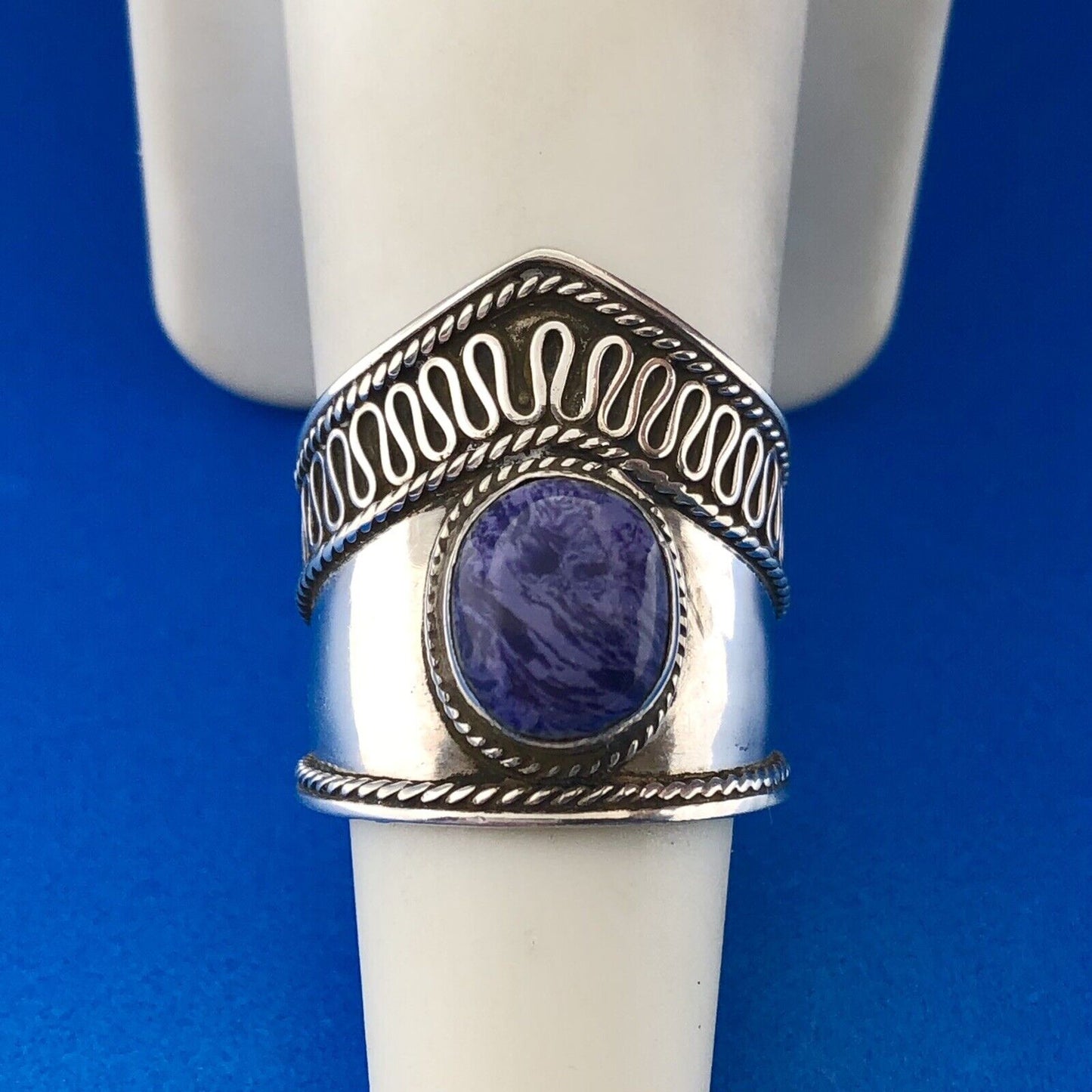 Stunning Sterling Silver 925 Oval Cabochon Swirly Purple Stone Ring Size 7