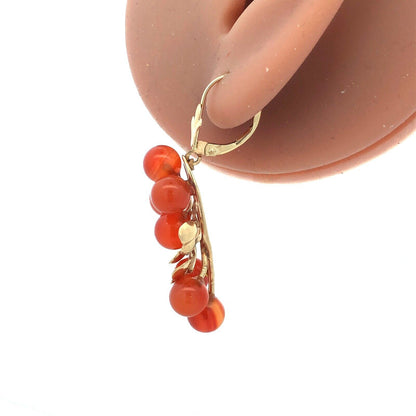 Estate 14K Yellow Gold Carnelian Bead Berry Vine Statement Dangle Drop Earrings