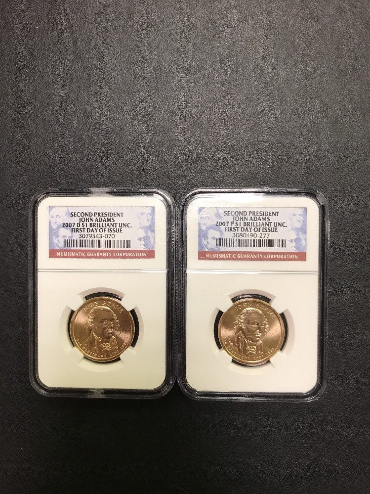 2007 P D John Adams Presidential Dollar Two Coin Set NGC BU First Day of Issue