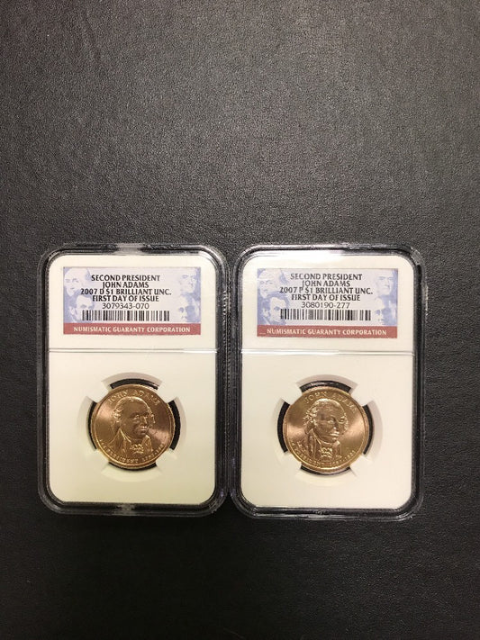 2007 P D John Adams Presidential Dollar Two Coin Set NGC BU First Day of Issue